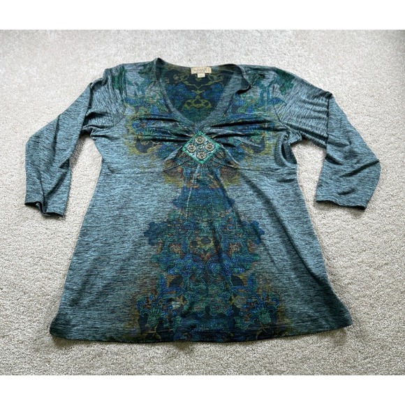 OneWorld Womens Sz‎ L Blue Peacock Embellished Tunic Goblincore Fairycore Nature - Picture 1 of 9